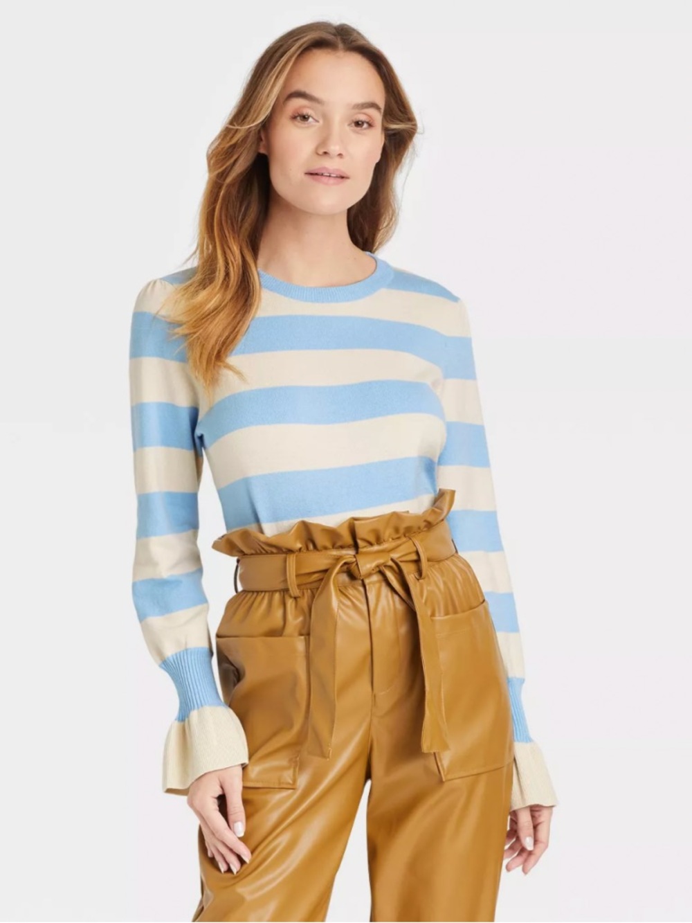 Who What Wear Women’s Blue and Cream Striped Bell Sleeve Pullover Sweater